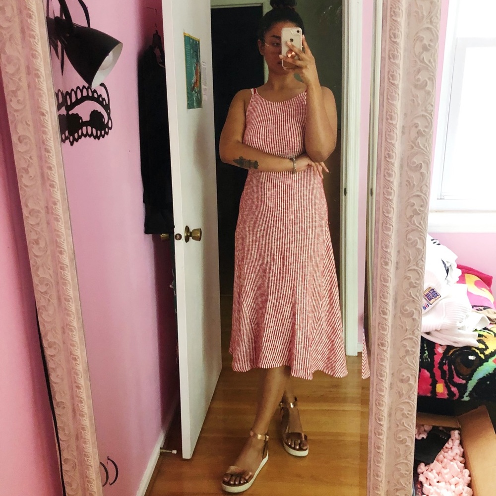 Red and white striped midi sundress